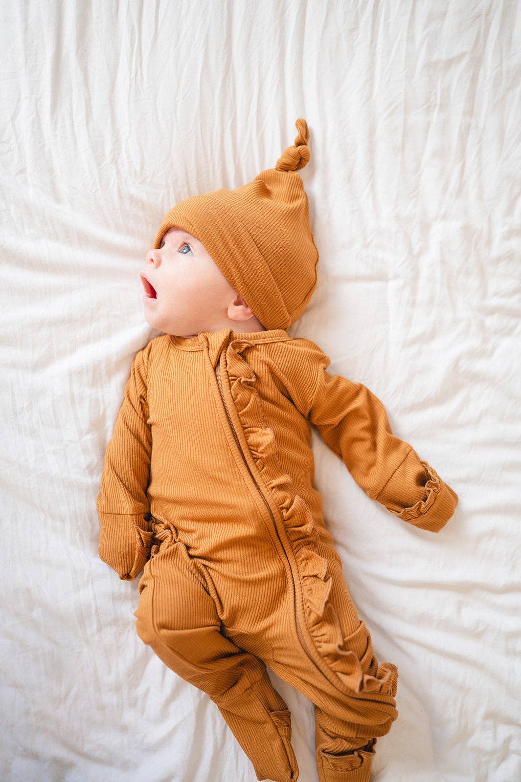 Ruffle Zipper One Piece - Caramel Ribbed: 12-18 Months