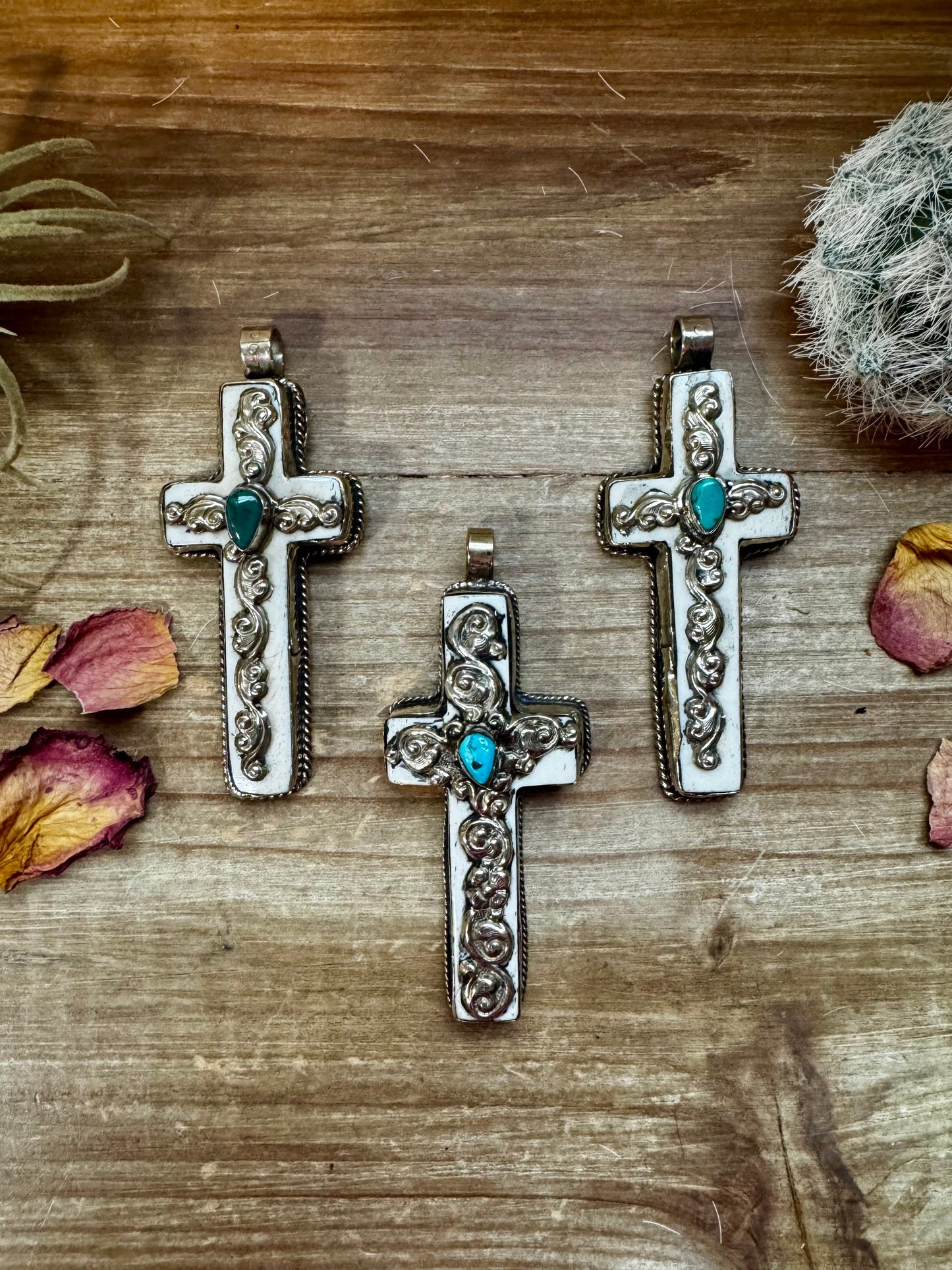 Antler Cross Pendant With Turquoise On Silver Brass