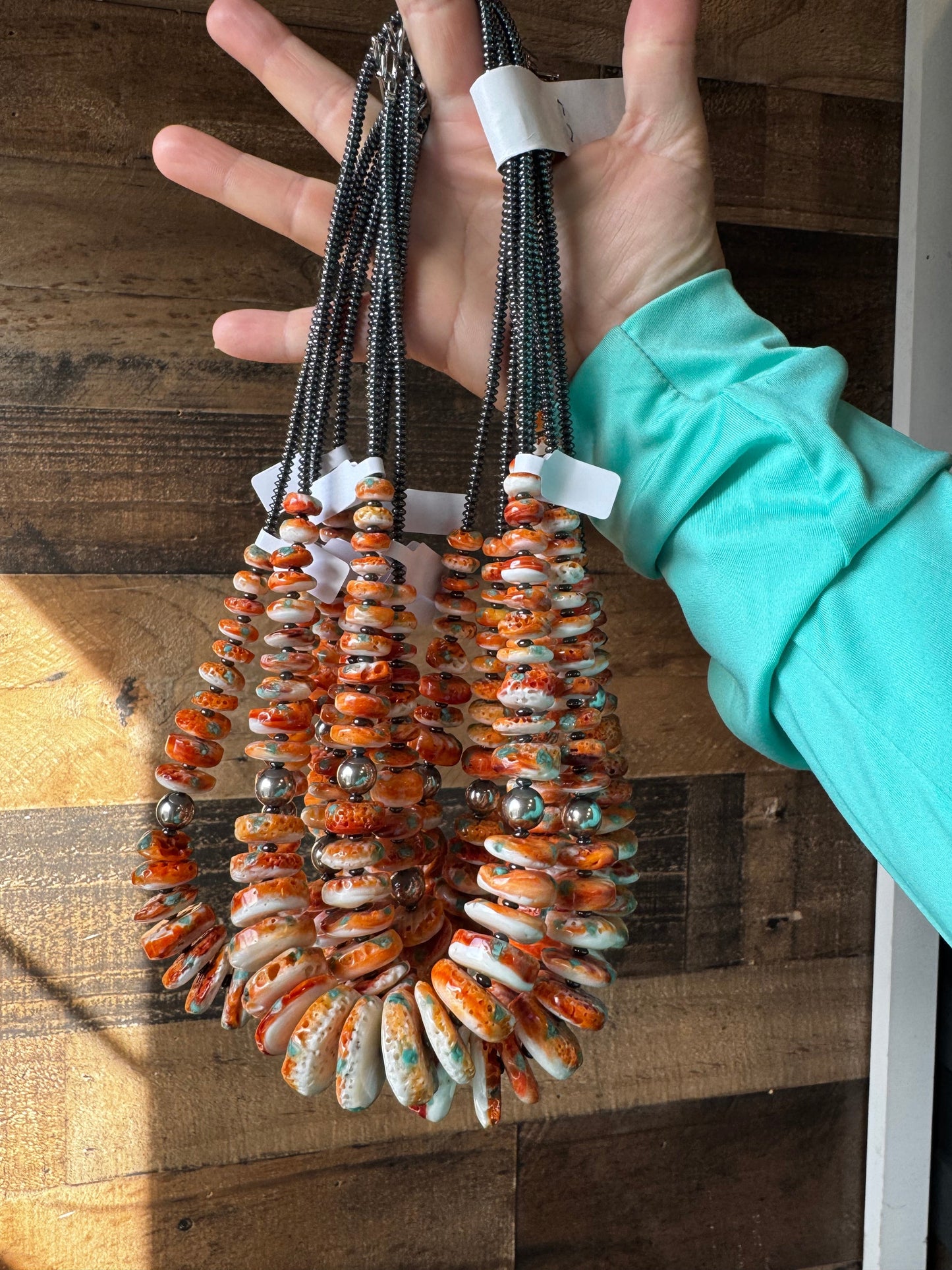 22 Inch orange spiny, turquoise and sterling silver pearls