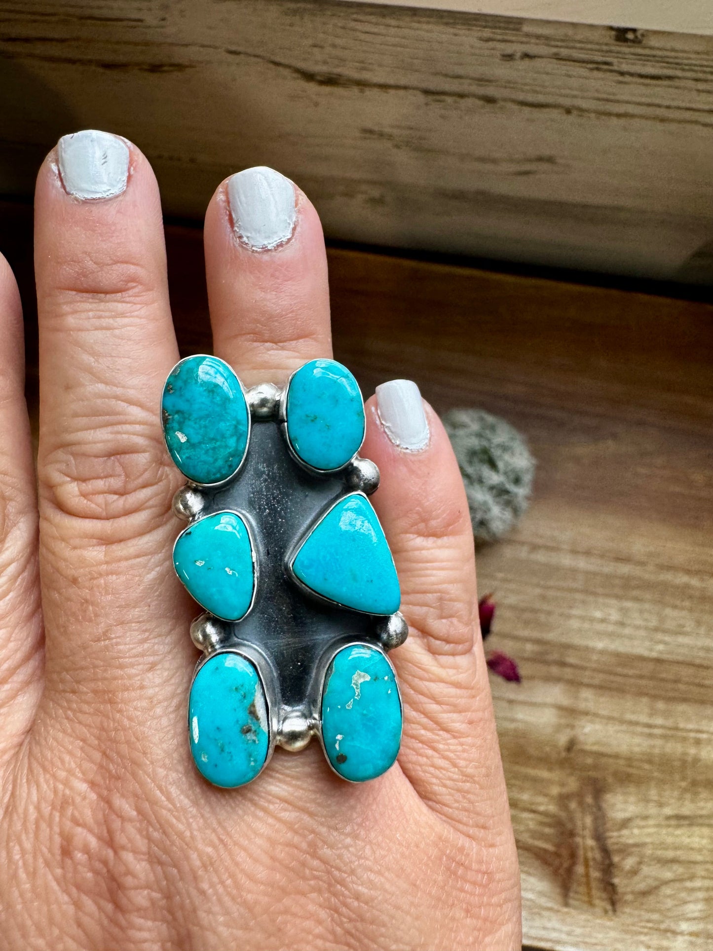 Long Ring- 6.5- Kingman turquoise ring and sterling silver