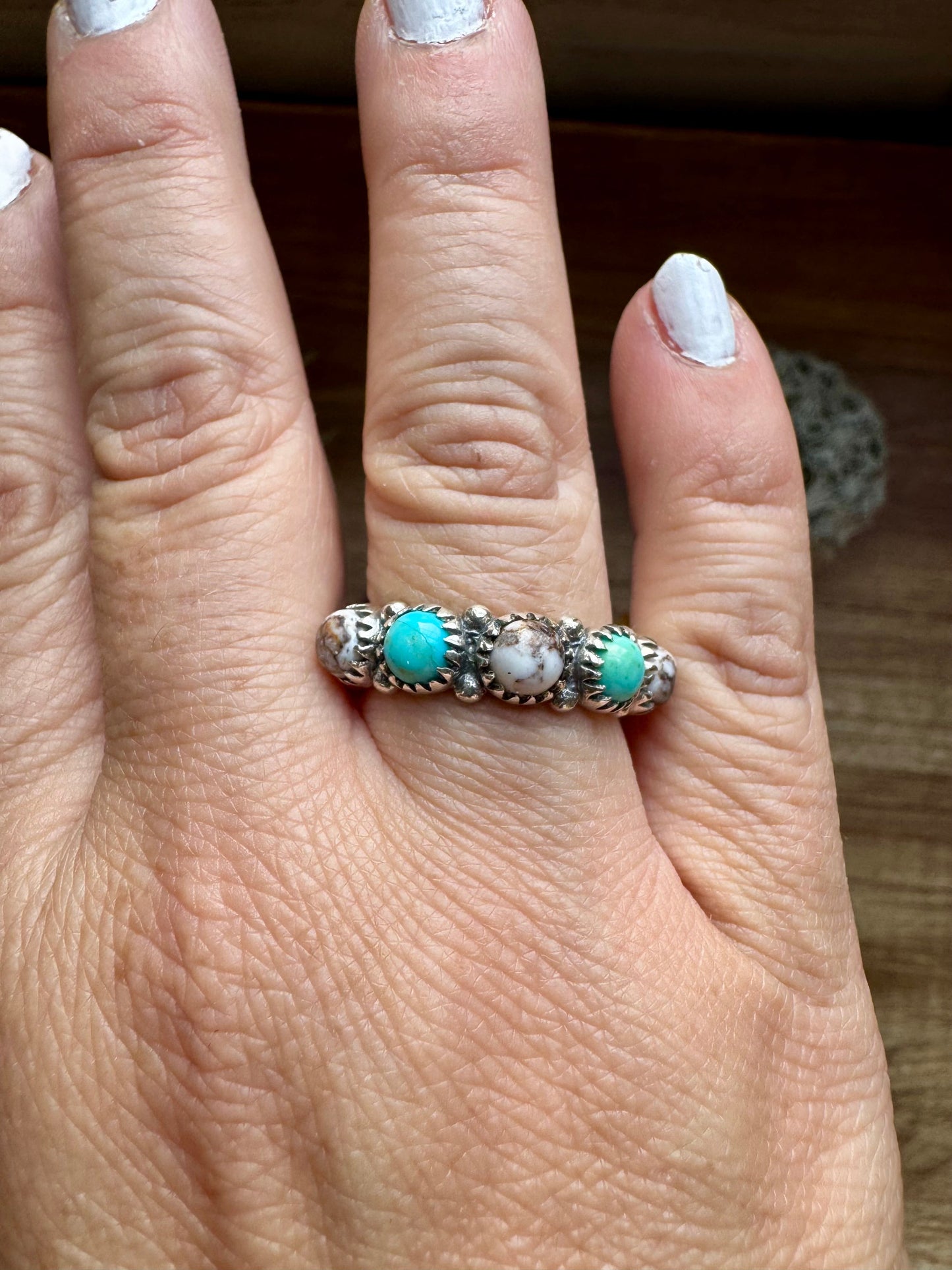 Band Ring - Size 9 - Kingman Turquoise, white Buffalo & sterling silver