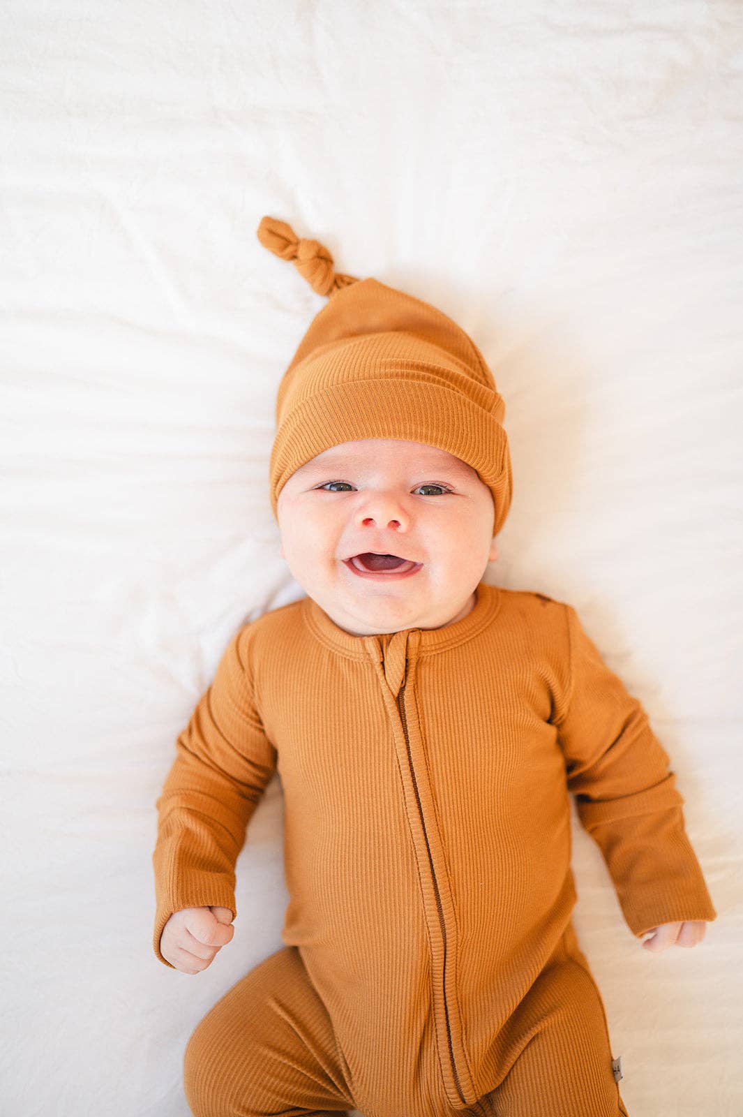 Zipper Romper - Caramel Ribbed: 0-3 Months