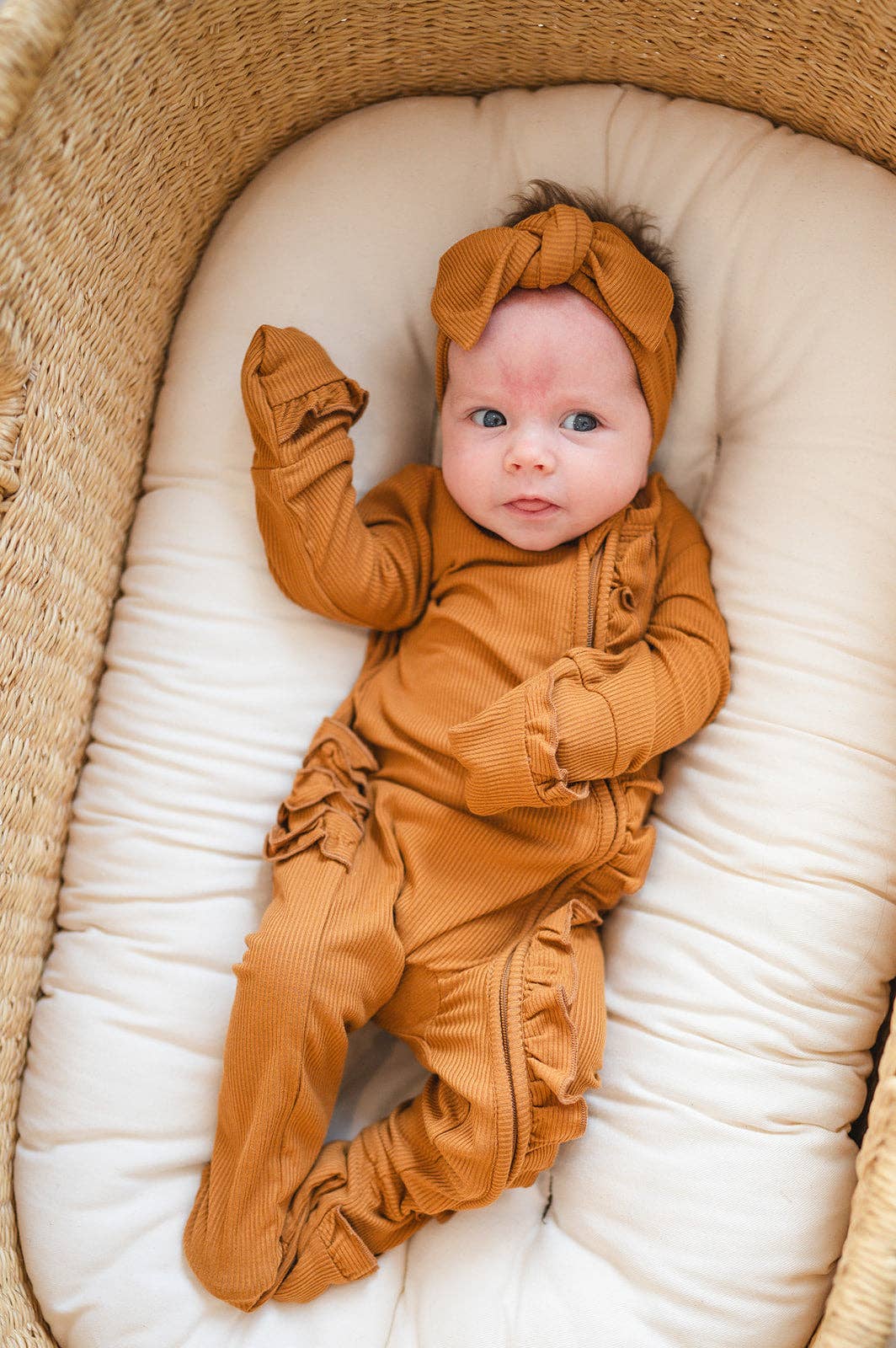 Ruffle Zipper One Piece - Caramel Ribbed: 3-6 Months