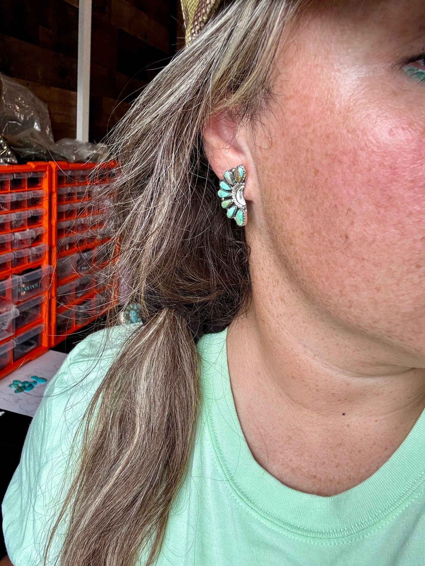 Half Green turquoise cluster stud earrings