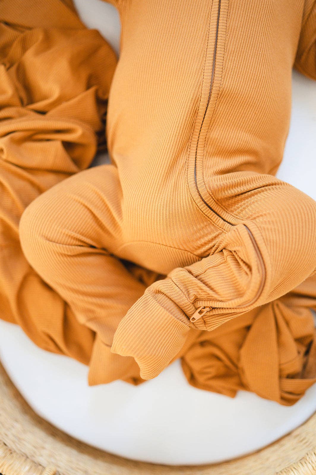 Zipper Romper - Caramel Ribbed: 0-3 Months