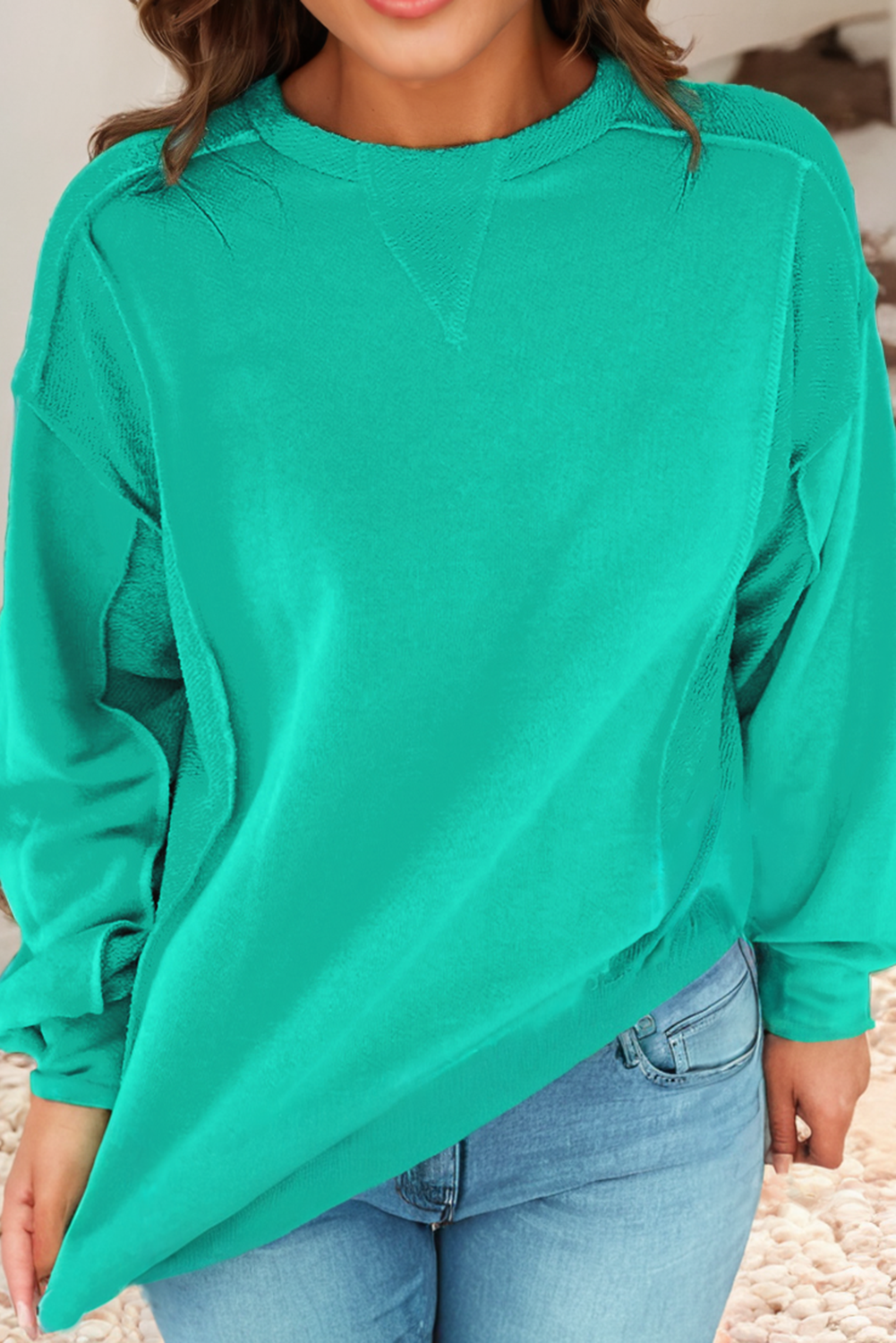 Splicing Round Neck Pullover Sweatshirt: Mint Green