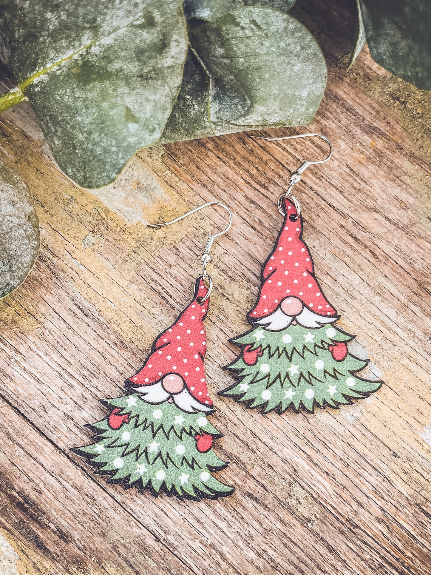 Adorable Gnome Christmas Tree Wooden Drop Earrings