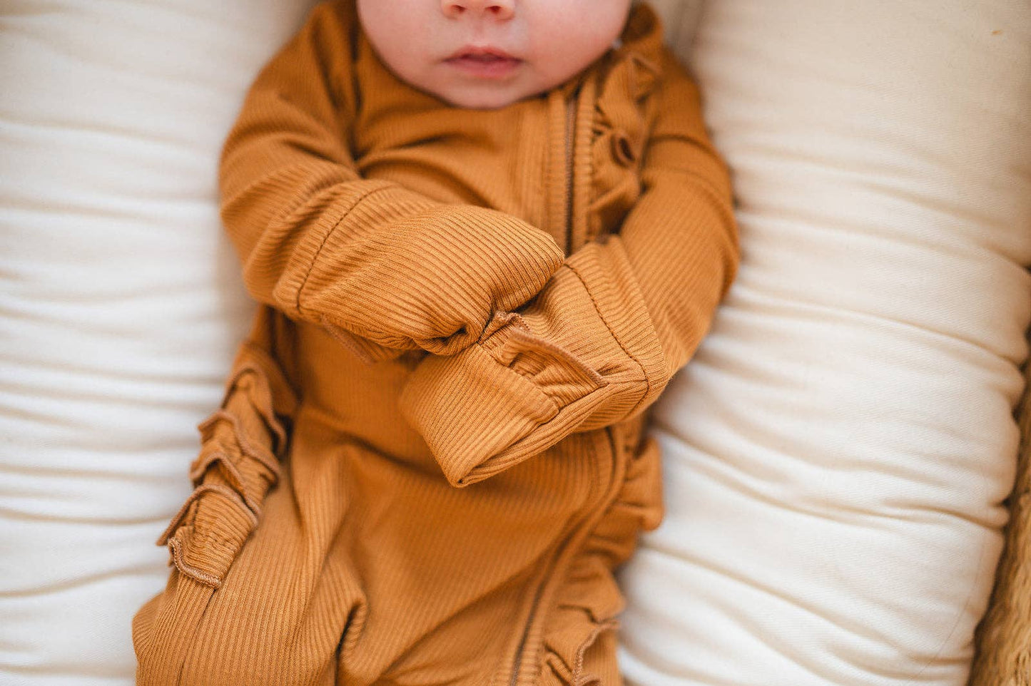 Ruffle Zipper One Piece - Caramel Ribbed: 12-18 Months