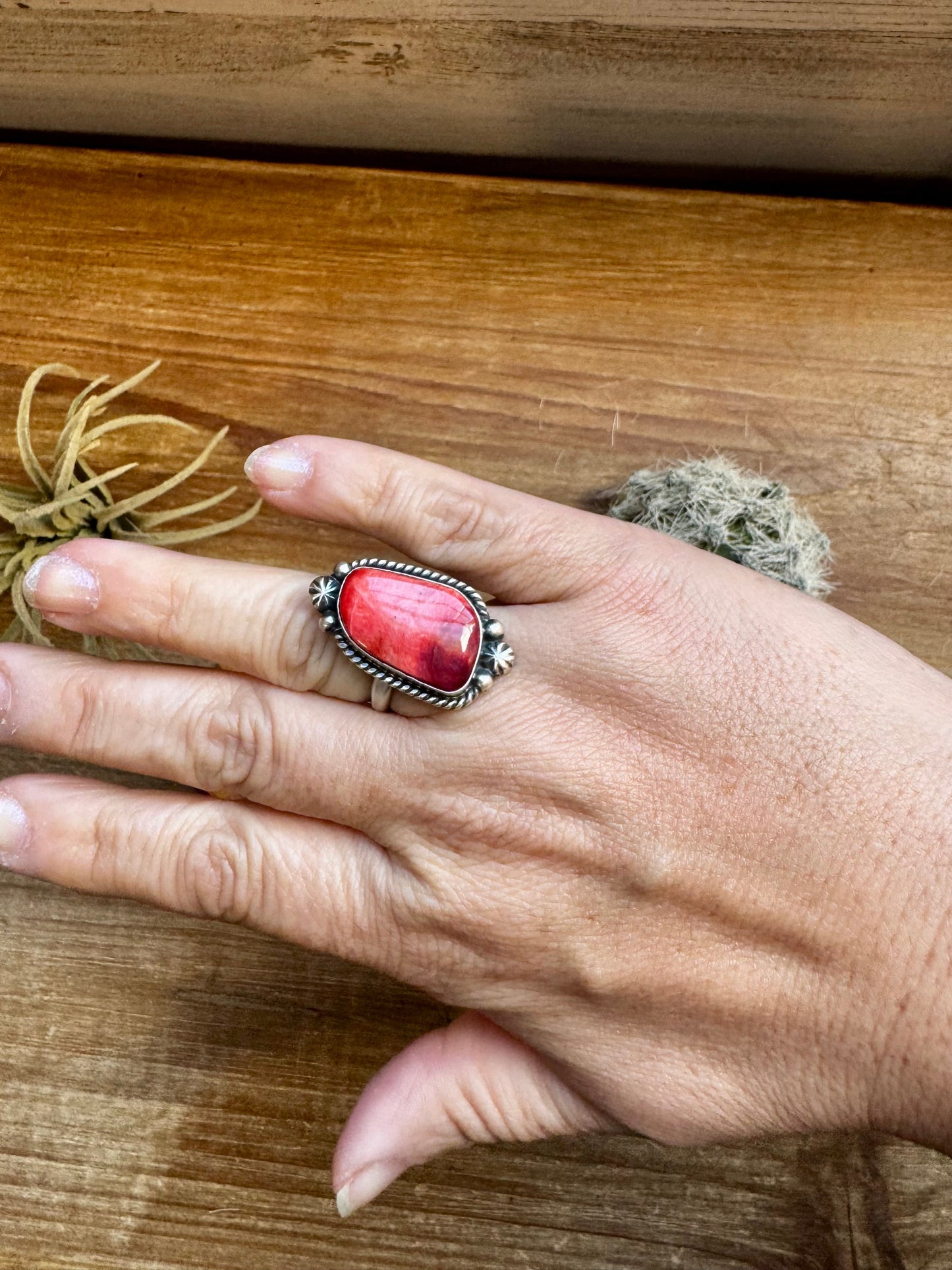 Ring - Adjustable -Red Spiny & Sterling Silver