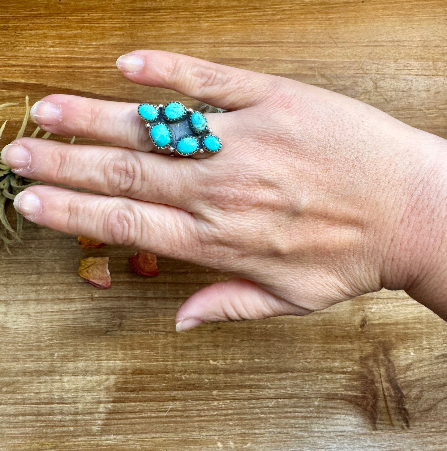 Long Ring- adjustable- Kingman turquoise ring and sterling silver