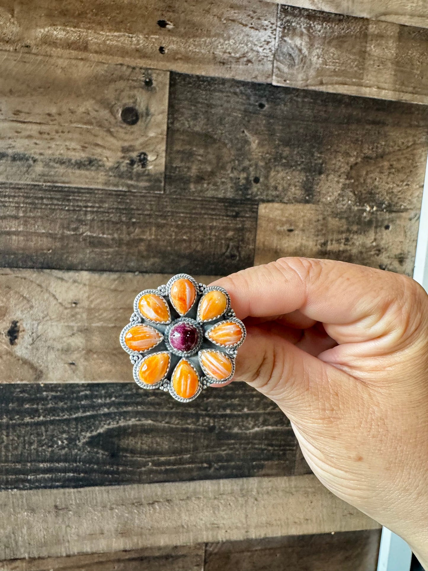 Cluster - Adjustable - orange and purple spiny and sterling silver