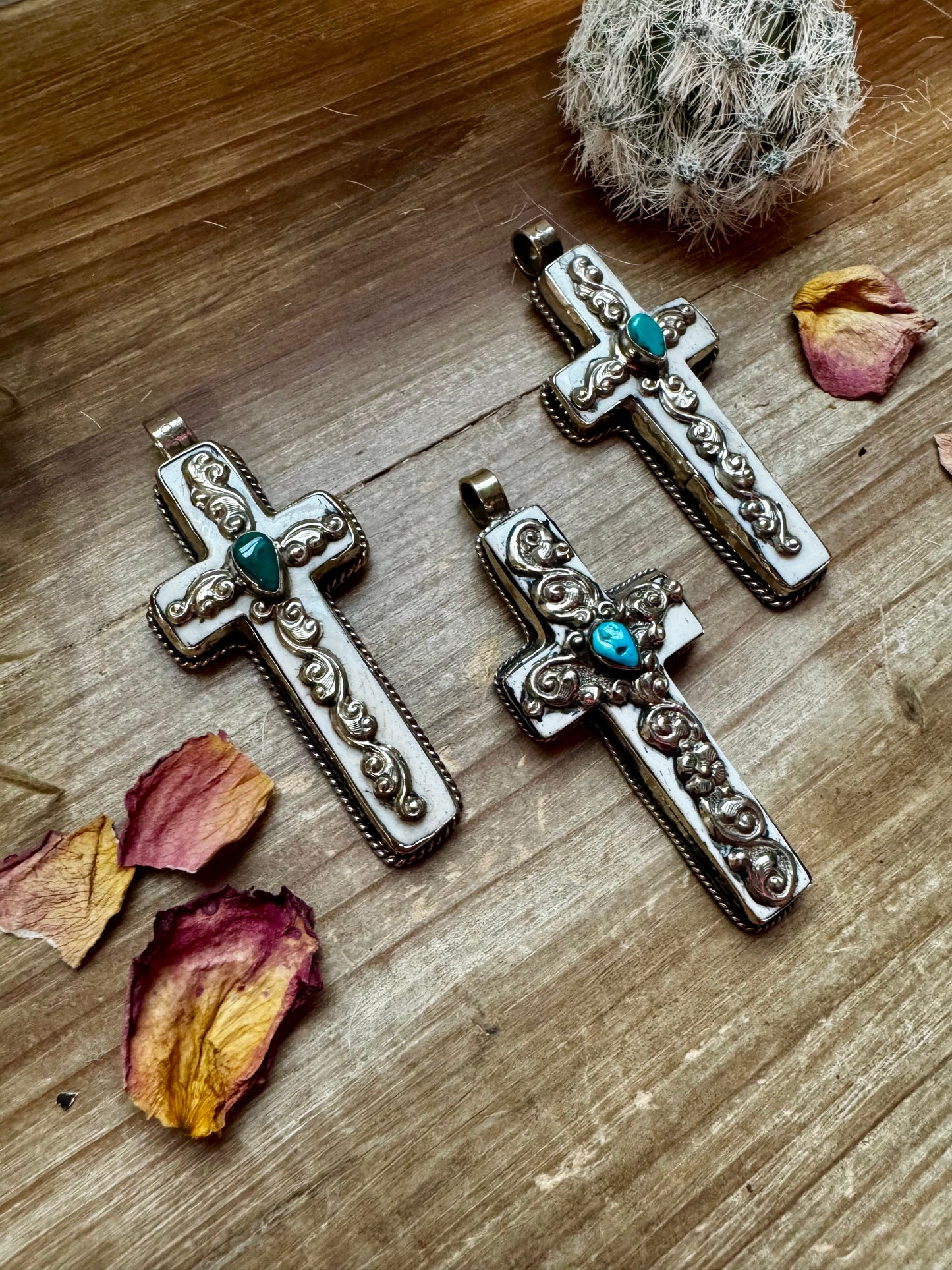 Antler Cross Pendant With Turquoise On Silver Brass