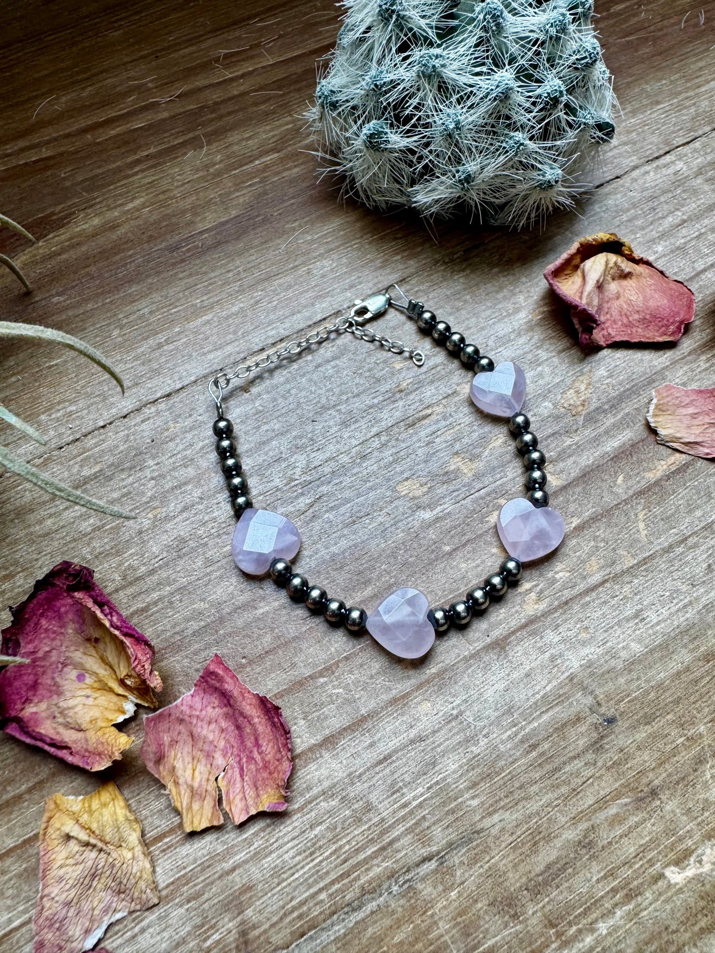 Valentine Bracelet - 4 mm sterling silver pearls and Rose Quartz heart