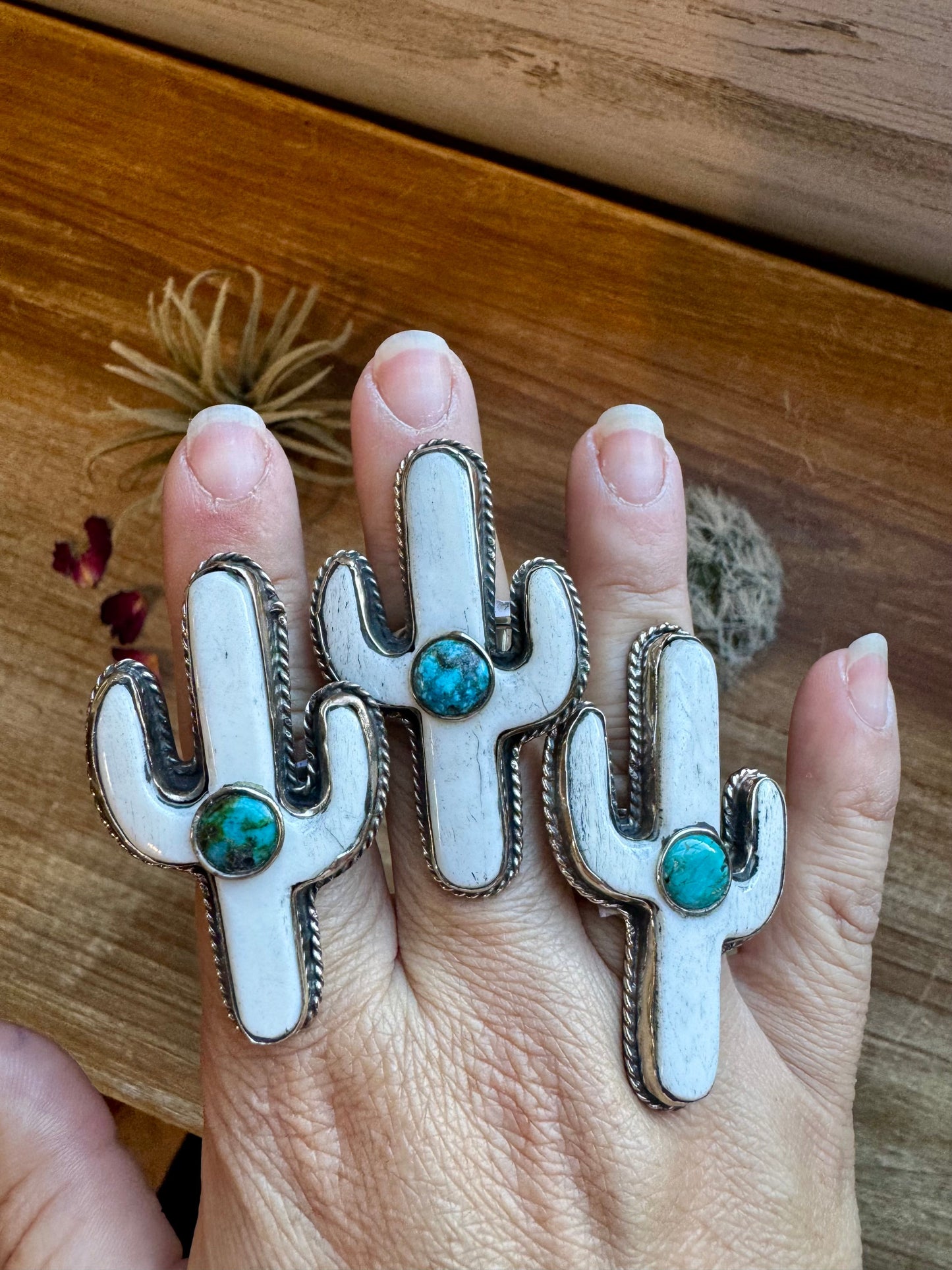 White Cactus Antler with turquoise Adjustable Ring