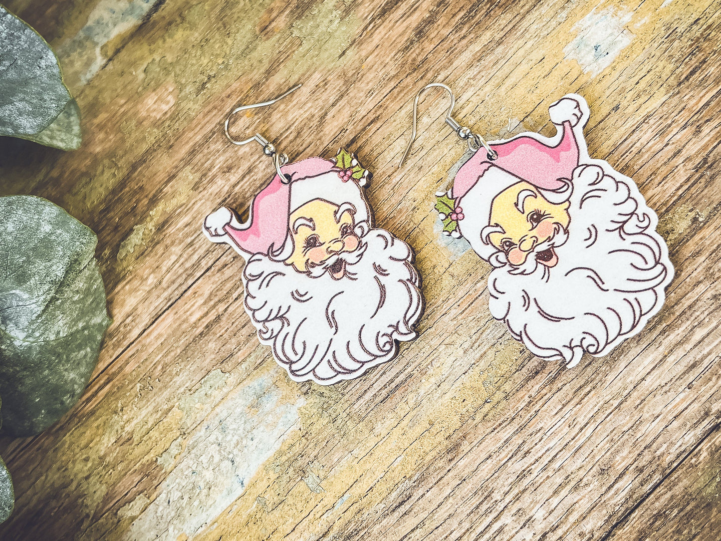 Adorable Wooden Santa Earrings