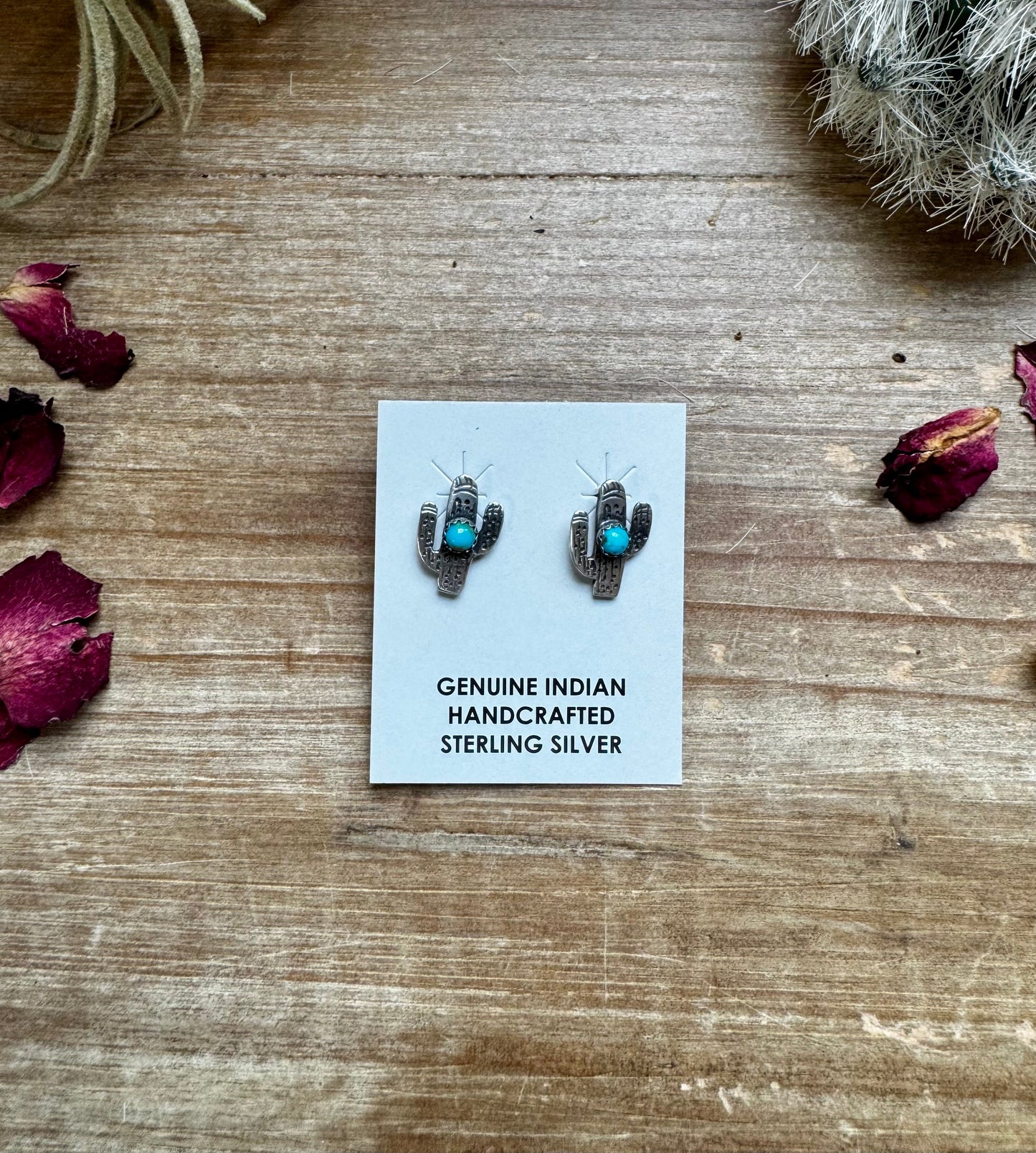 Smaller Cactus earrings stud - sterling silver and turquoise