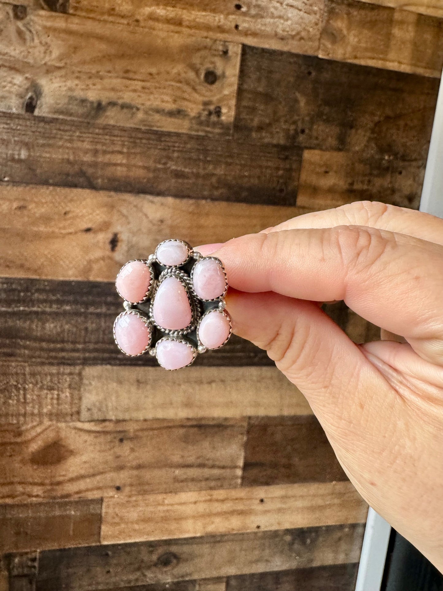 Cluster Ring- Adjustable - Pink opal and sterling silver