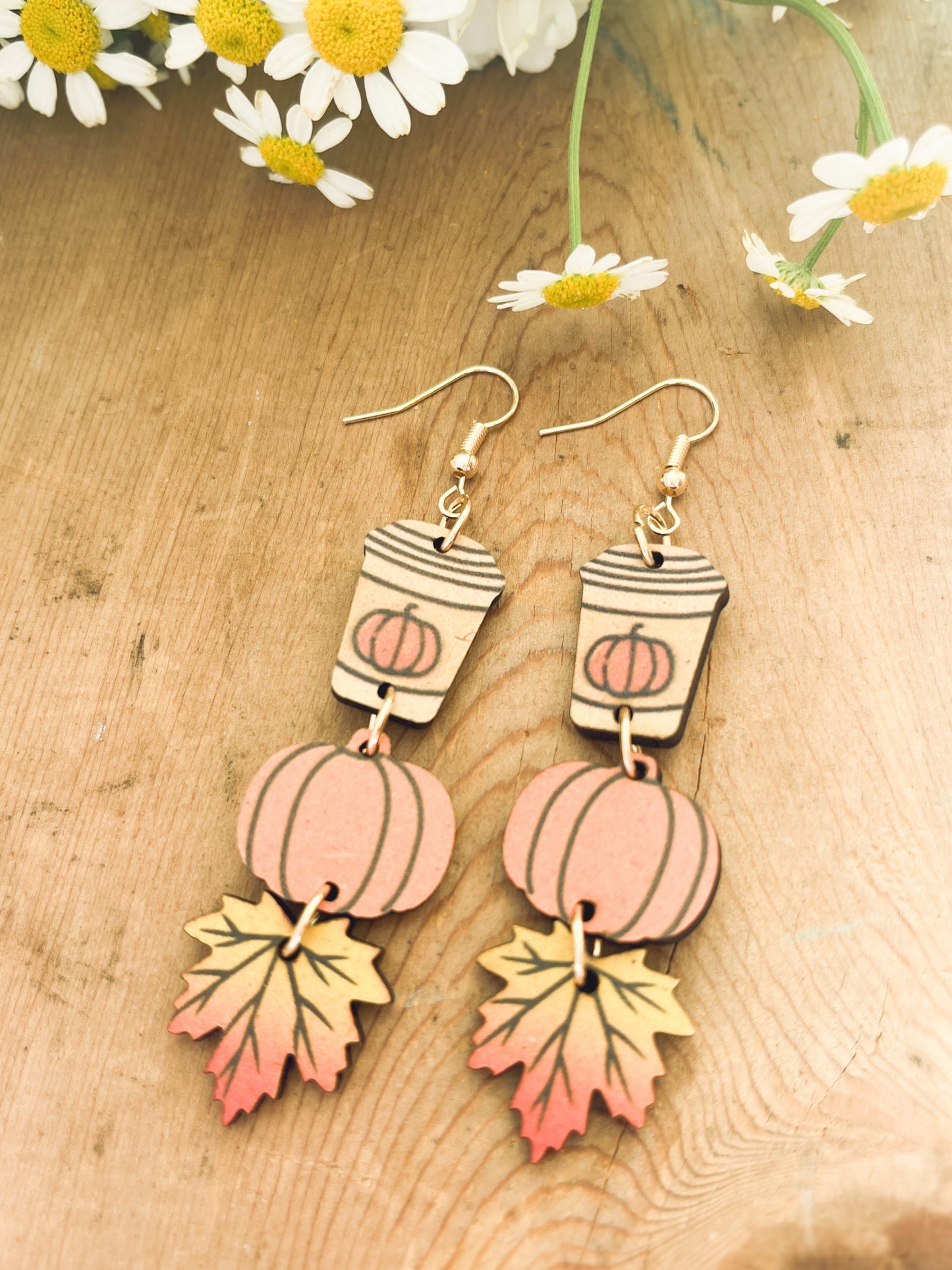 Adorable Fall Pumpkin Spice Coffee Wood Earrings