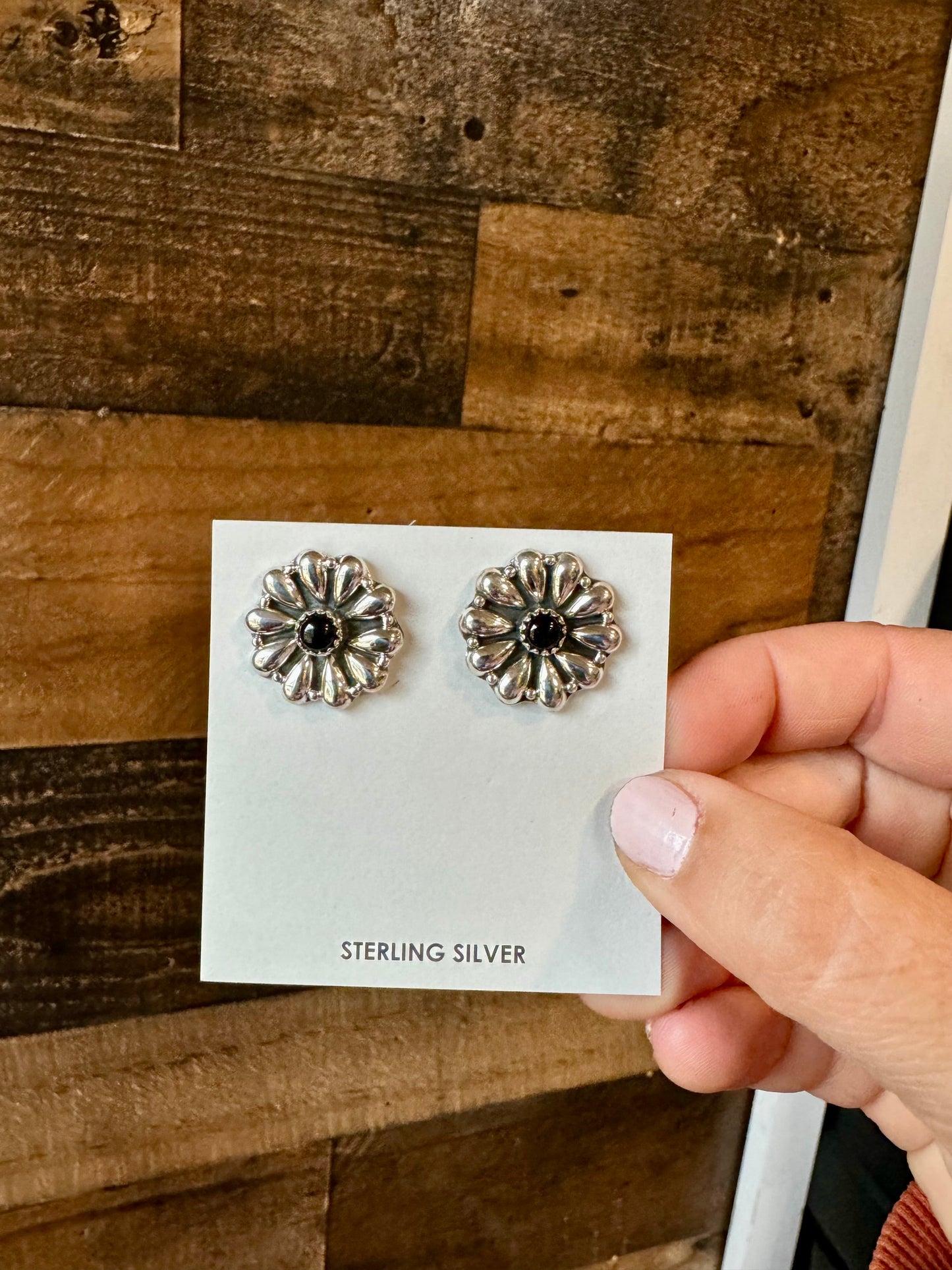 Cluster Sterling silver stud earrings with black Onyx