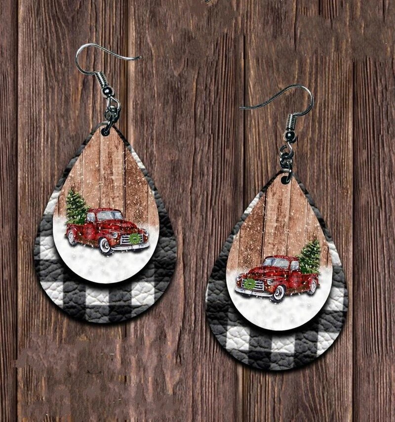 Adorable White Plaid Truck Christmas Earrings