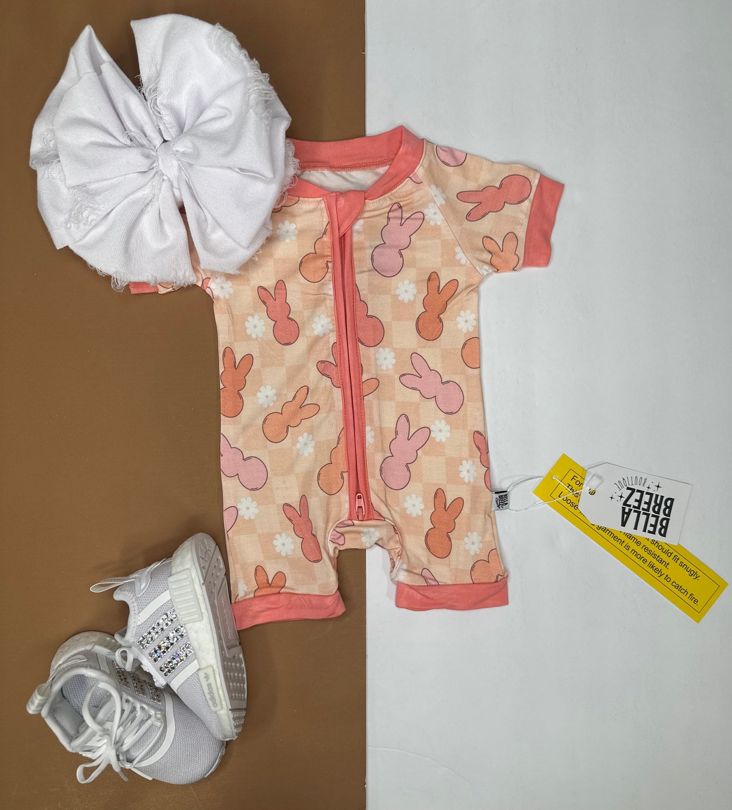 Peach Bunnies Bamboo Shortie Romper (FINAL SALE)