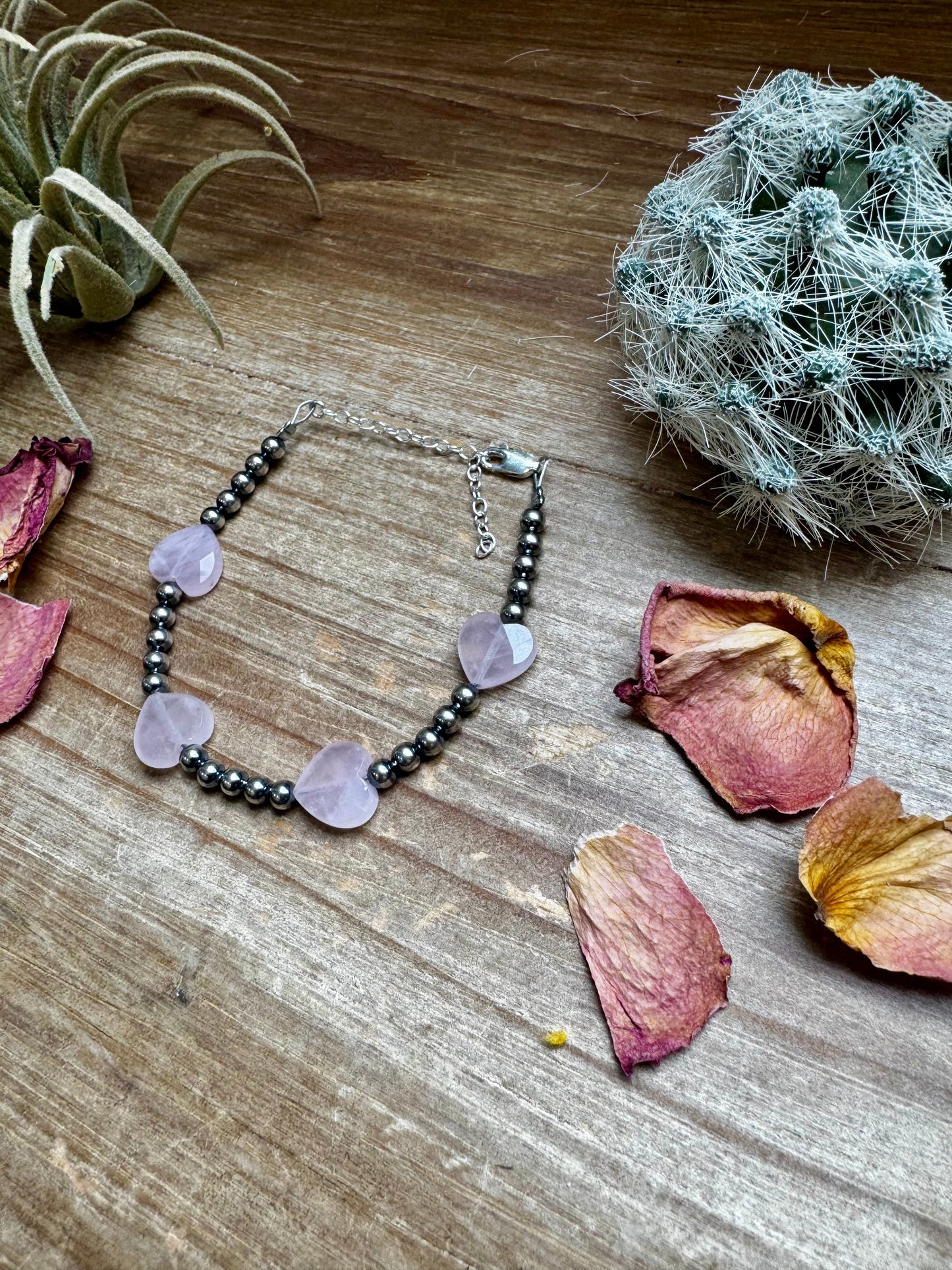 Valentine Bracelet - 4 mm sterling silver pearls and Rose Quartz heart