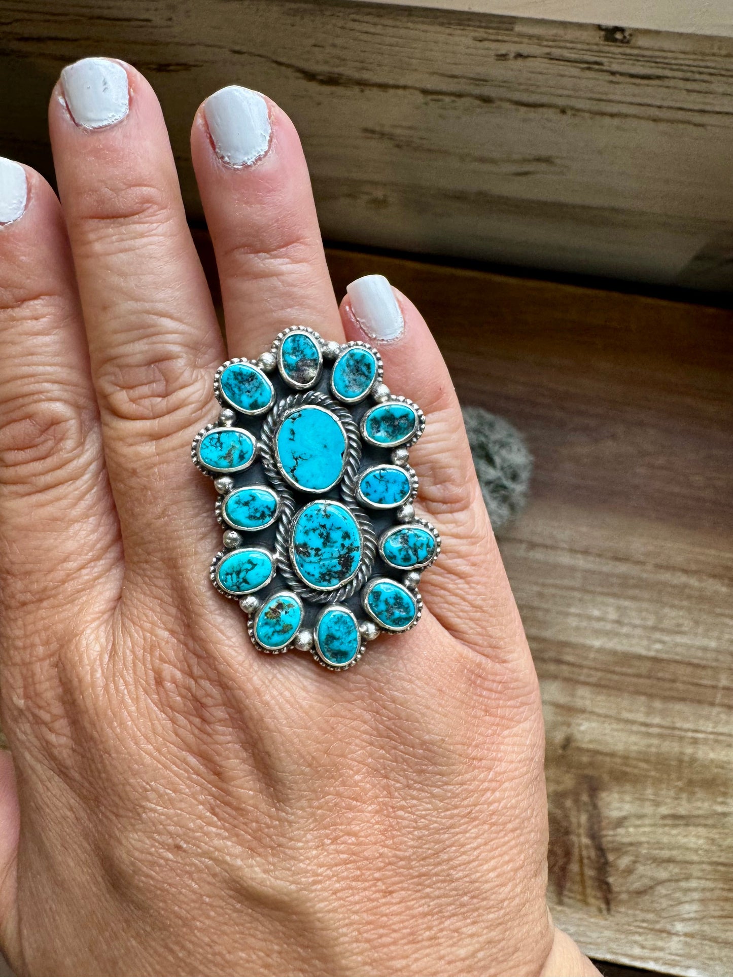 Long Ring- adjustable - Kingman turquoise ring and sterling silver