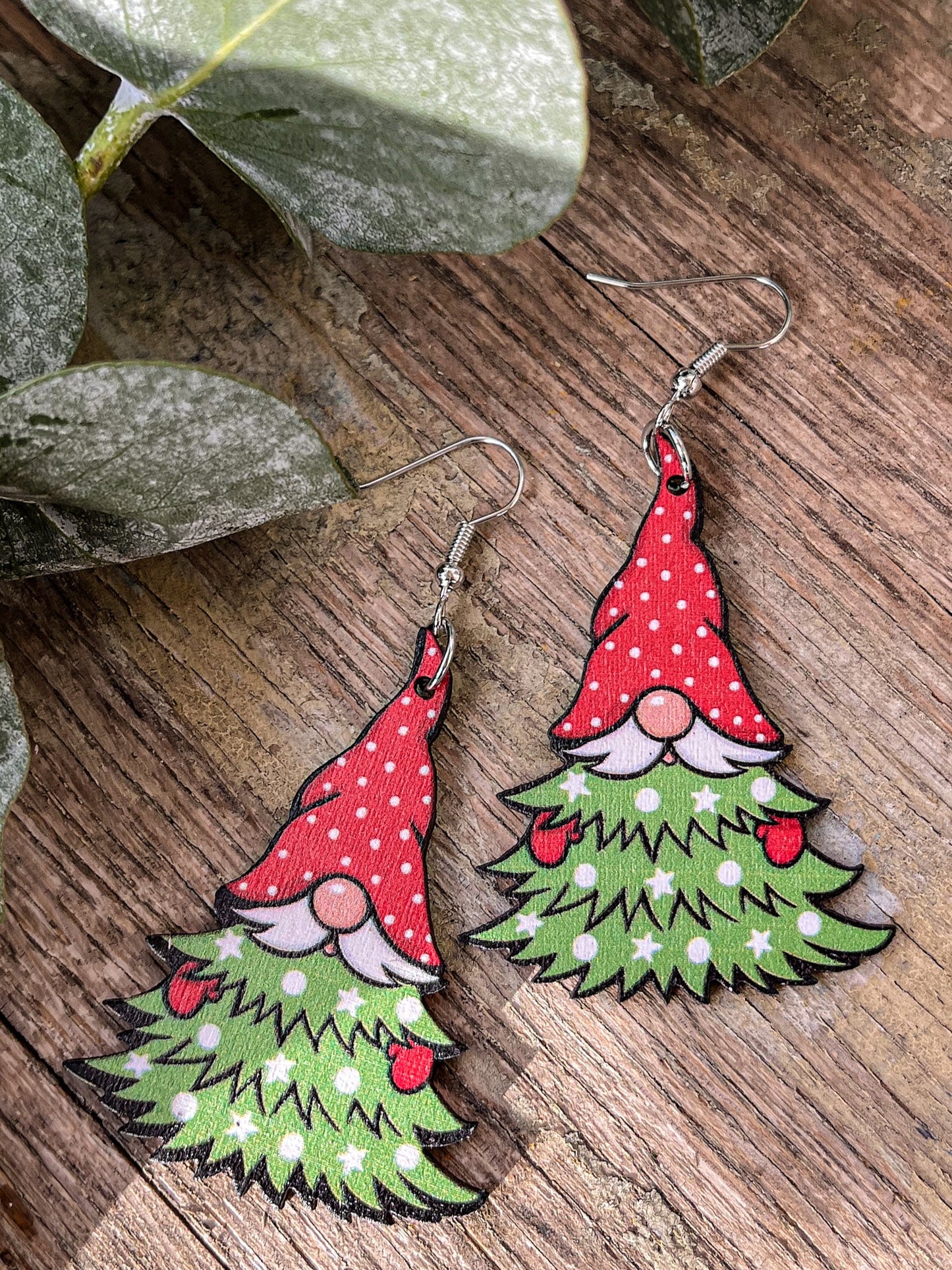 Adorable Gnome Christmas Tree Wooden Drop Earrings