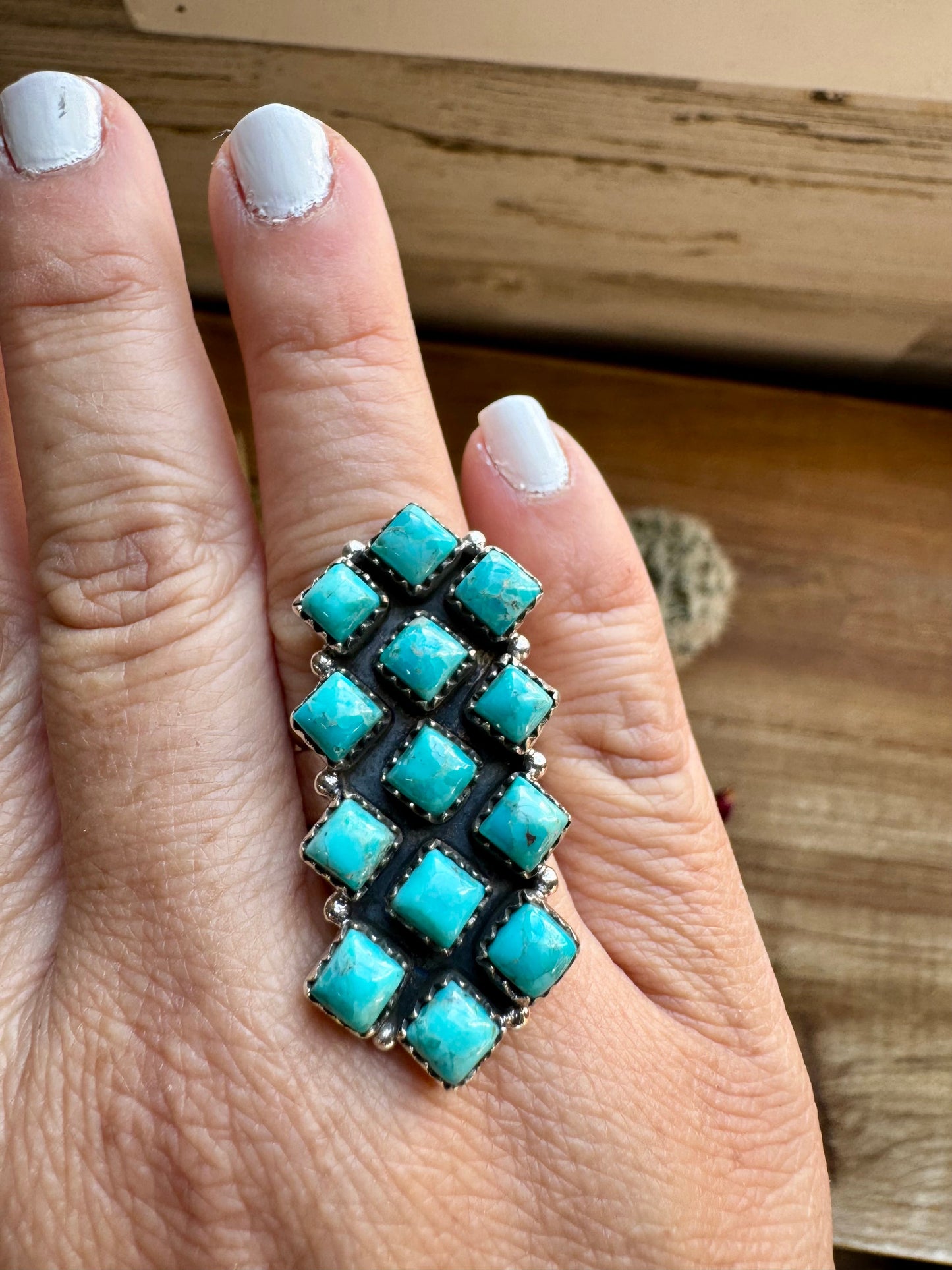 Long Ring- adjustable- multi stone Kingman turquoise ring and sterling silver