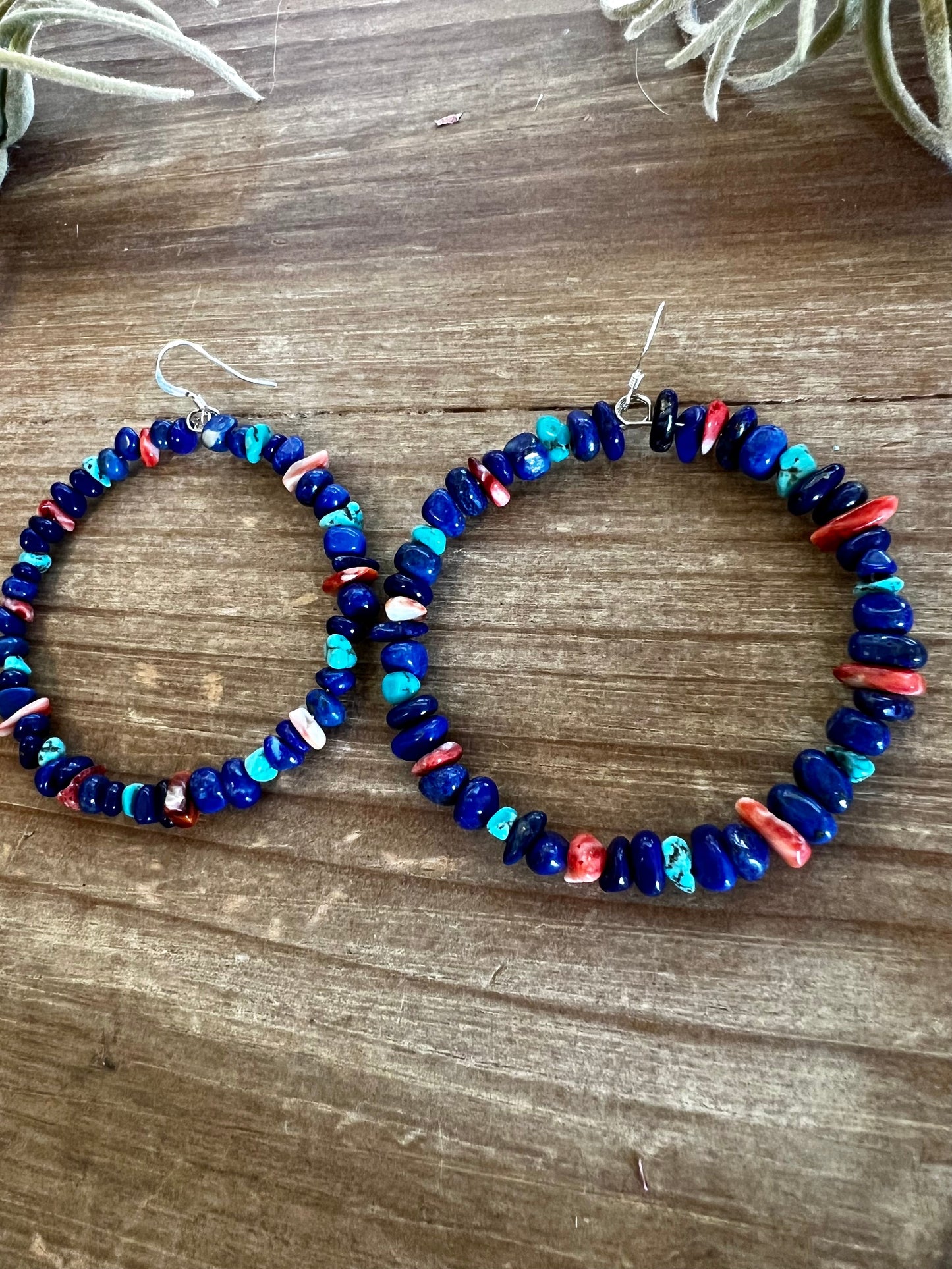 Lapis hoop earrings with spiny oyster and turquoise