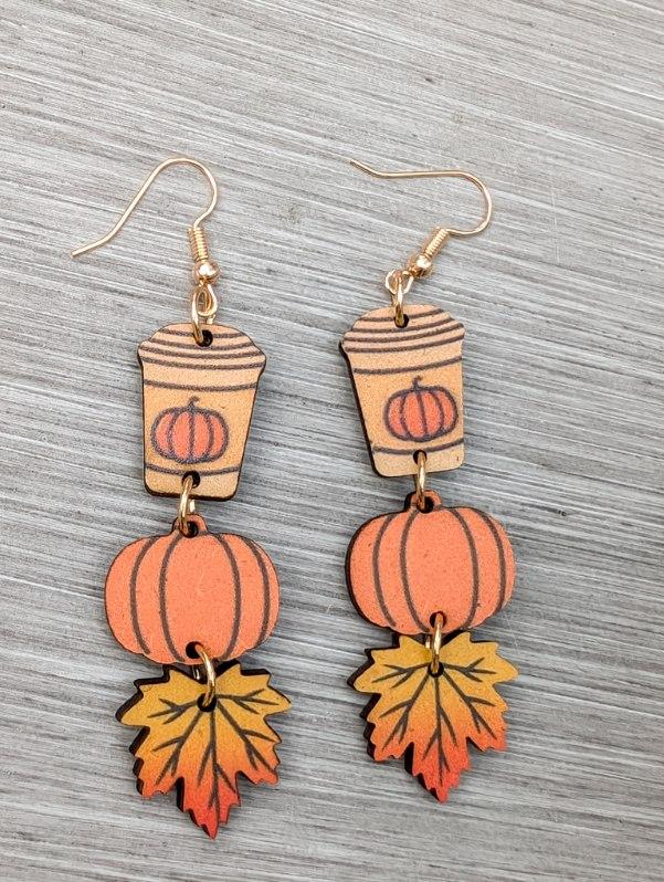 Adorable Fall Pumpkin Spice Coffee Wood Earrings