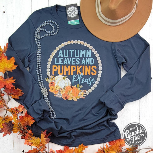 Autumn Leaves and Pumpkins Please Vintage Navy Long Sleeve Tee