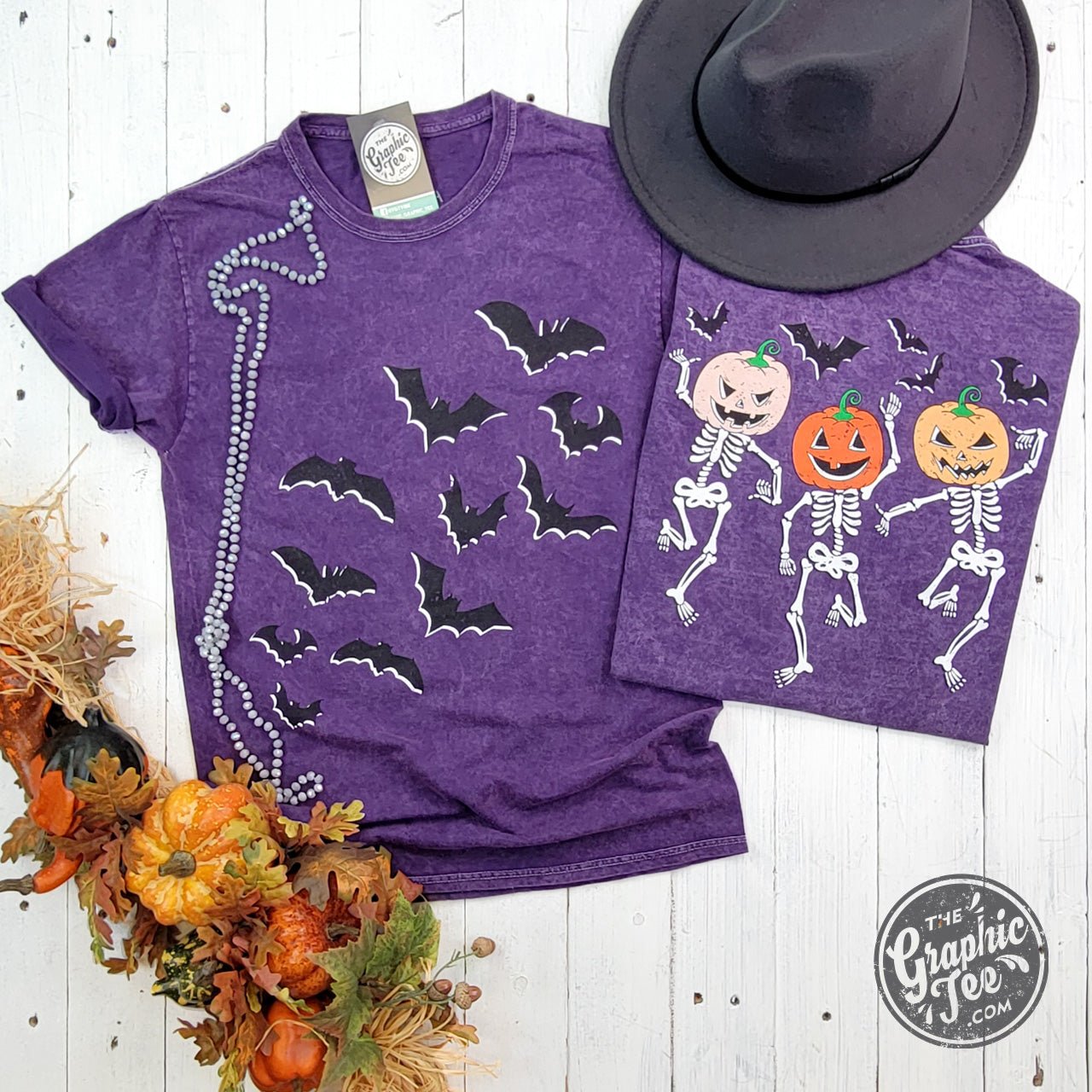 Bats and Dancing Skeletons Front and Back Design Halloween Purple Mineral Wash Short Sleeve Tee