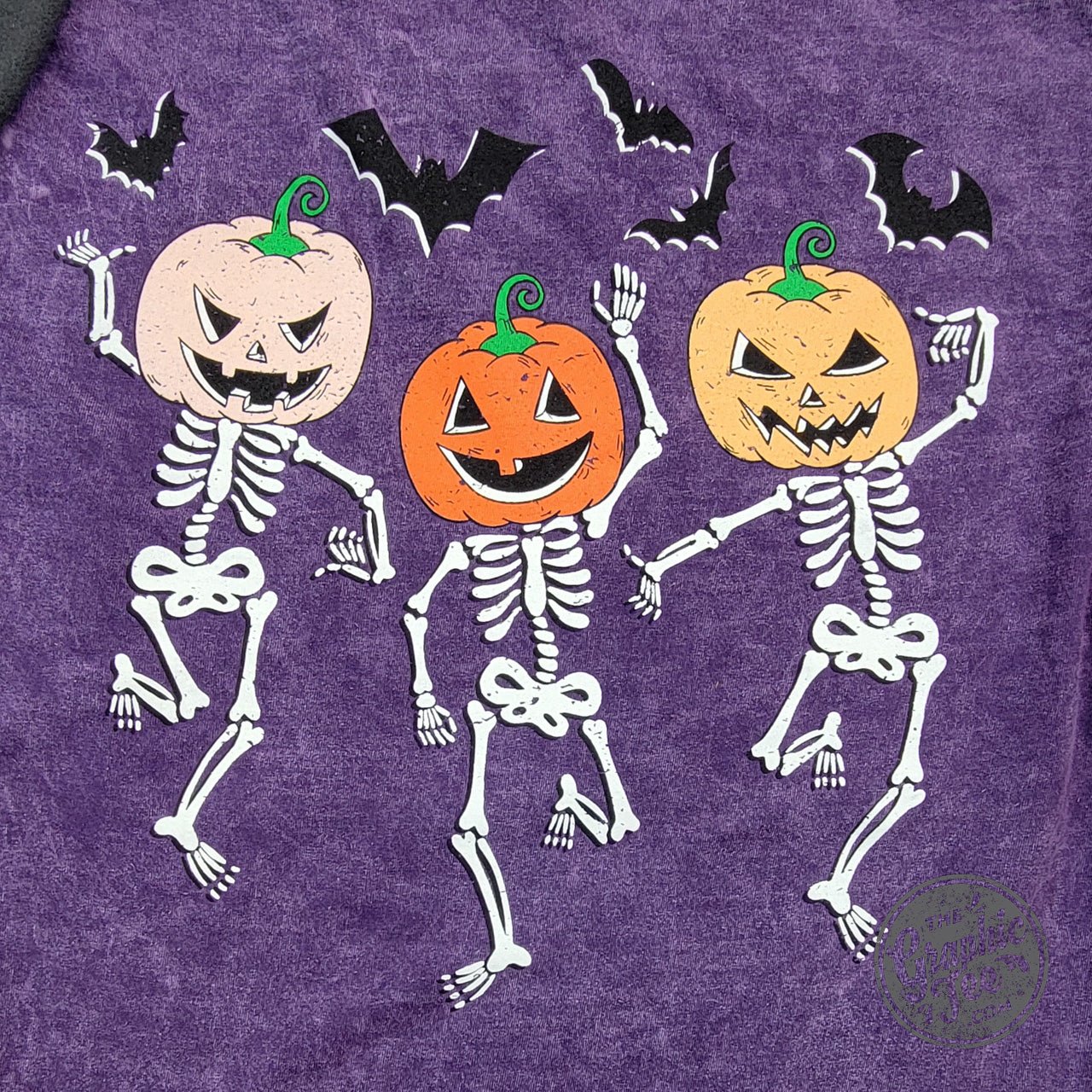 Bats and Dancing Skeletons Front and Back Design Halloween Purple Mineral Wash Short Sleeve Tee