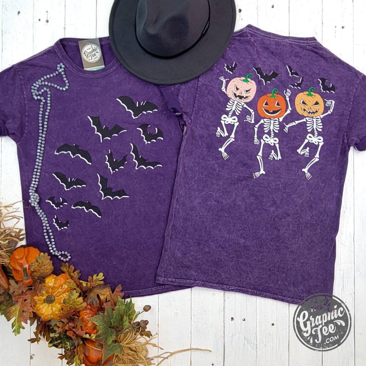 Bats and Dancing Skeletons Front and Back Design Halloween Purple Mineral Wash Short Sleeve Tee