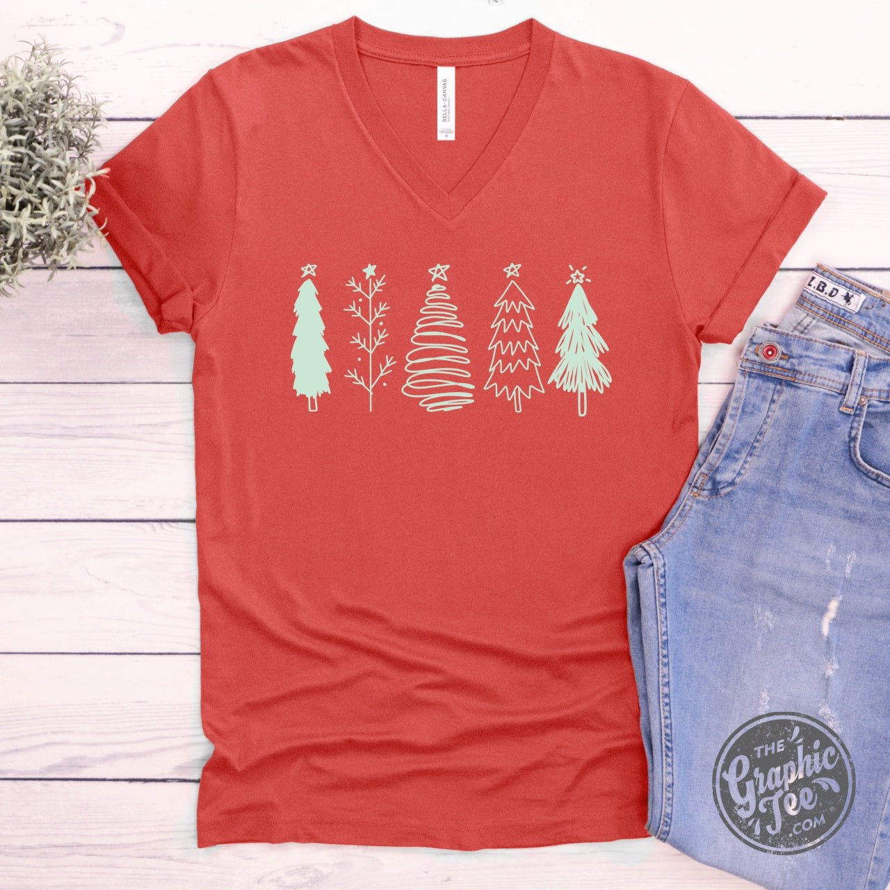 Boho Christmas Trees Heather Red V Neck Short Sleeve Tee