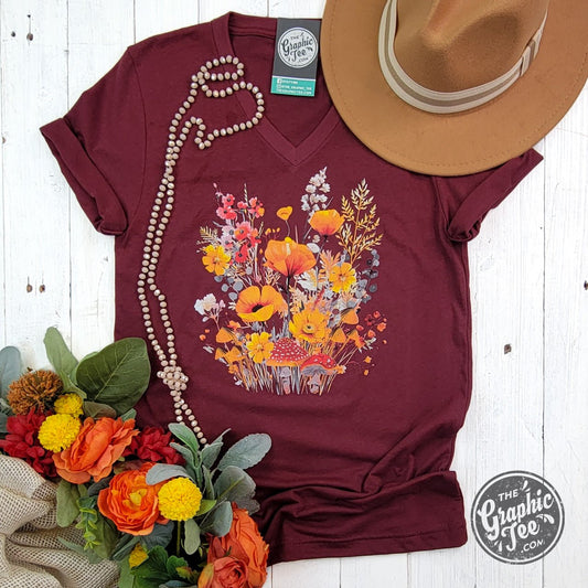 Fall Boho Floral Heather Cardinal Crew Neck Short Sleeve Tee