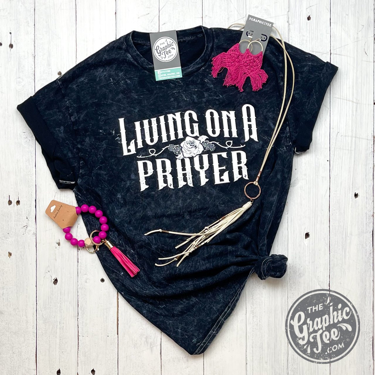 Living On A Prayer Black Mineral Wash Crew Neck Short Sleeve Tee