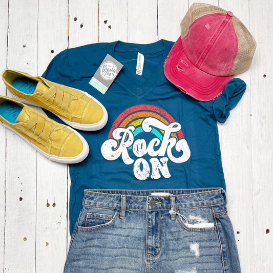 Rock On Deep Teal Short Sleeve V-Neck Tee