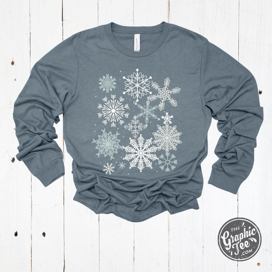 Snowflakes Heather Slate Long Sleeve Crew Neck Tee