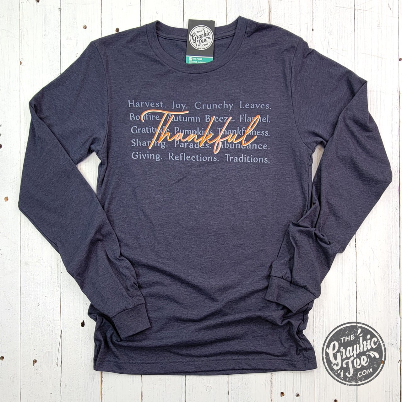 Thankful with Words Heather Navy Long Sleeve Tee