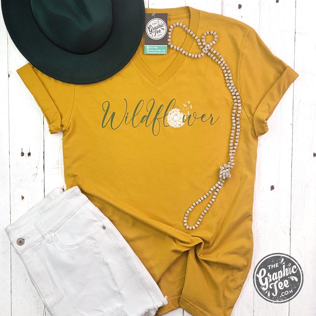 Wildflower Dandelion Mustard V Neck Short Sleeve Tee