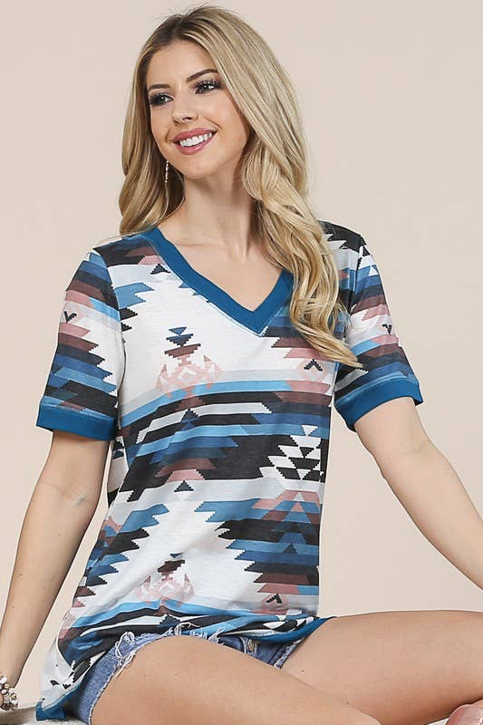 JILLIAN AZTEC PRINT COLOR BLOCK V NECK TOP