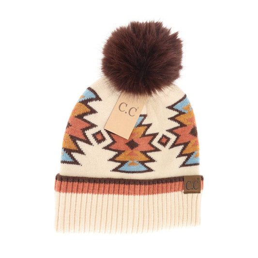 Southwestern Faux Fur Pom C.C Beanie HTE0030: Beige