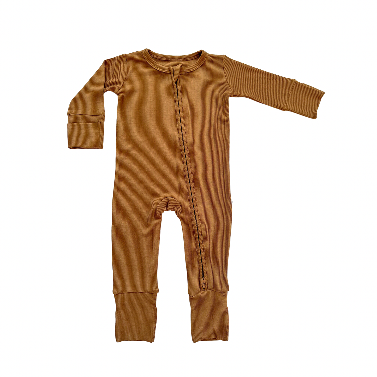 Zipper Romper - Caramel Ribbed: 0-3 Months