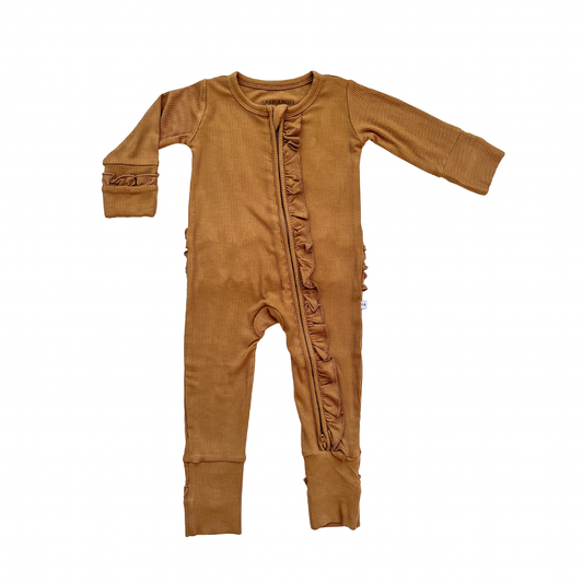 Ruffle Zipper One Piece - Caramel Ribbed: 9-12 Months